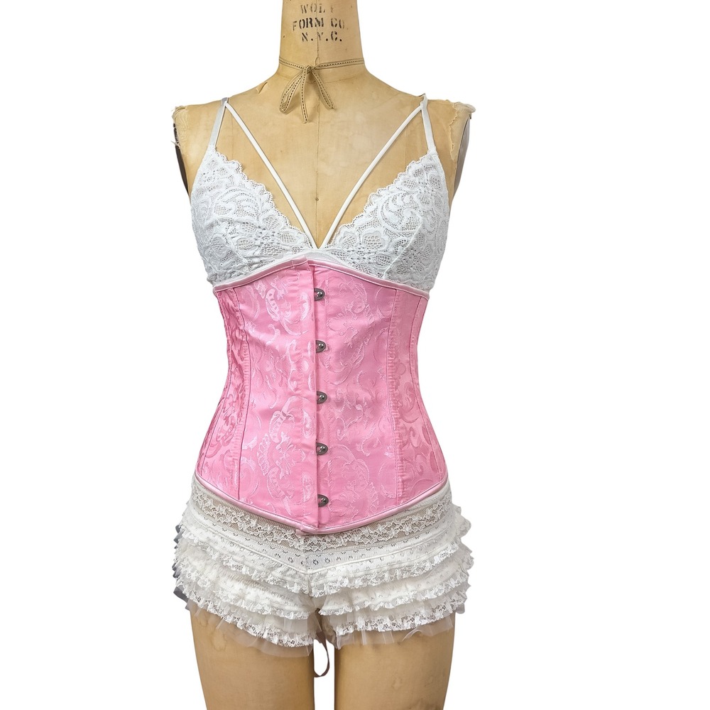Vintage Pink Jacquard Satin Corset Lace Up Hook Front Gothic Coquette OS